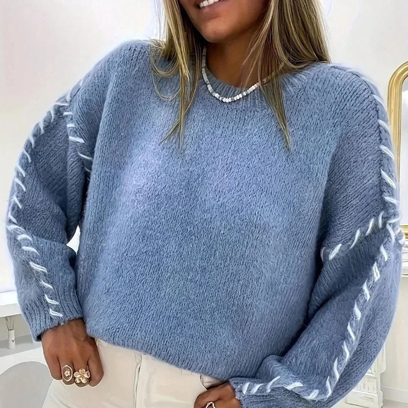 Blue Casual Women's Color-Block Knit Pullover Sweater - Picture 1 of 3